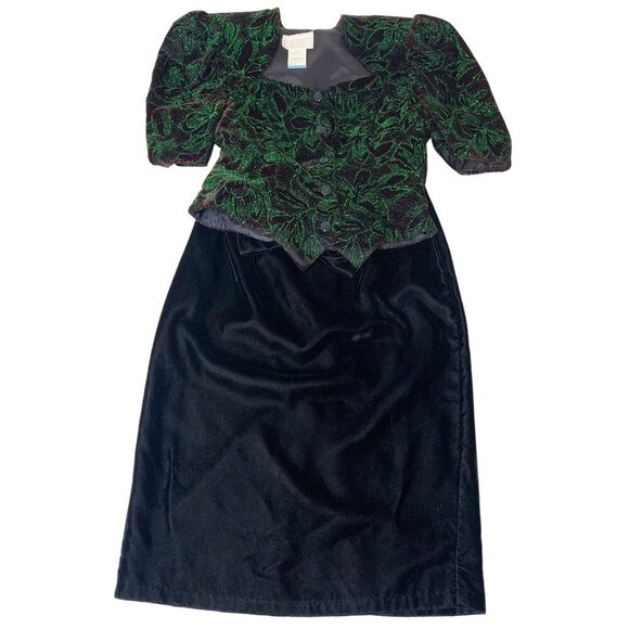 Vintage Jessica McClintock Gunne Sax Black Velvet Green Glitter 2 pc Skirt Set S - Picture 1 of 8